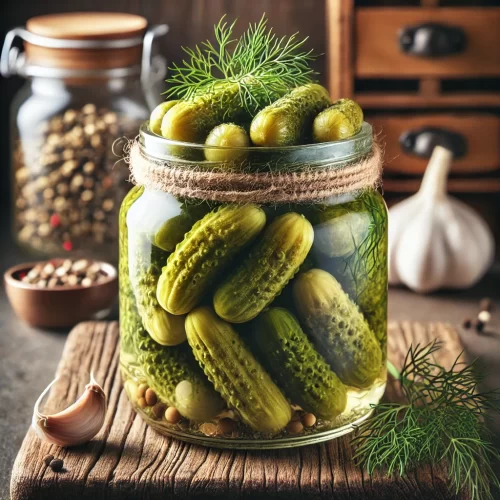 DALL·E 2024-10-08 11.52.12 - A jar of very small, 0-sized pickled cucumbers (tiny gherkins) on a kitchen counter. The cucumbers inside the jar are much smaller, crisp, and green,
